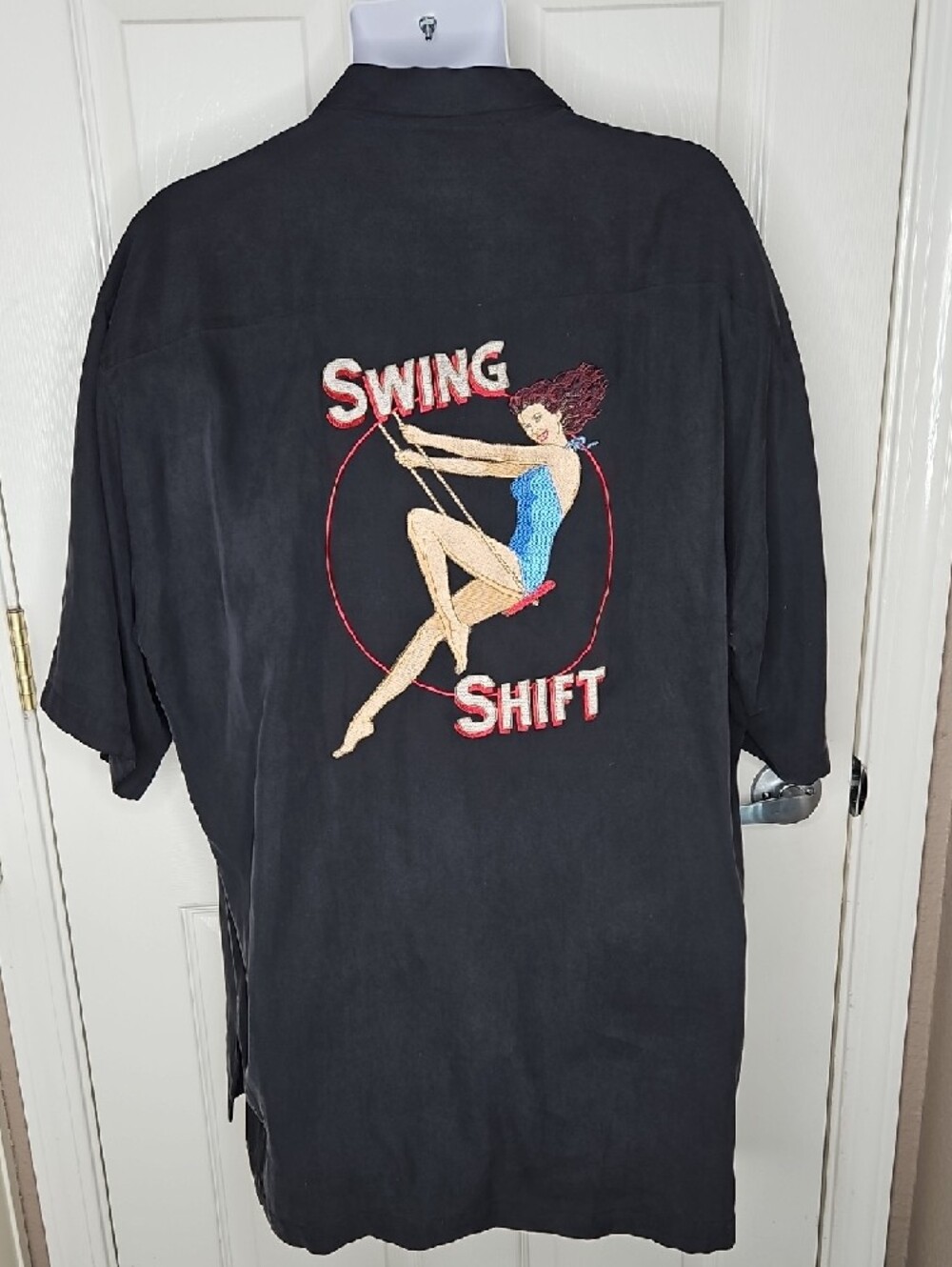 Tori Richard Black Silk Short-Sleeve Camp Collar Shirt with Embroidered Back 2XL